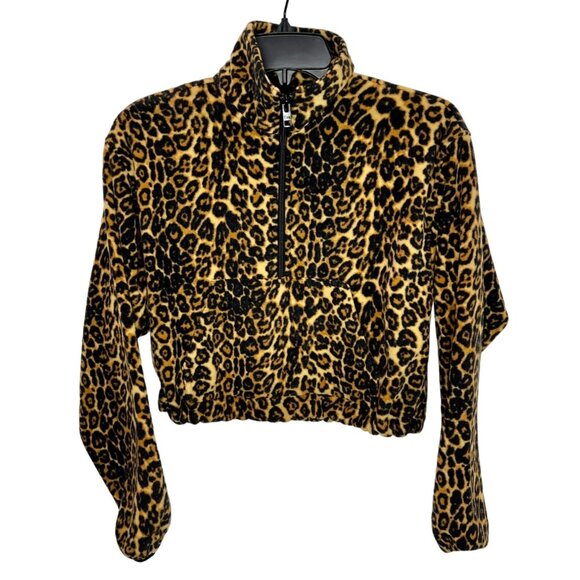 Aritzia TNA cropped fleece pullover leopard print -Size XXS - Picture 2 of 7